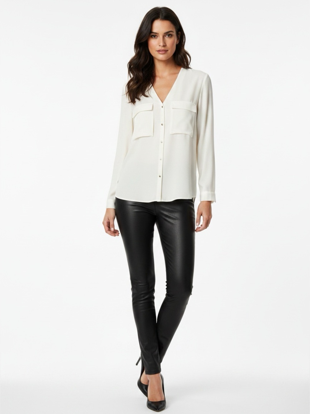 Zara Minimalist Ivory Chiffon V-Neck Blouse Office Wear Utility Large Pockets